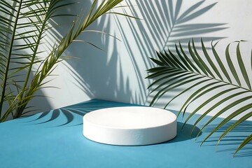 Minimalist Pedestal with Palm Shadows on Vibrant Tropical Background


