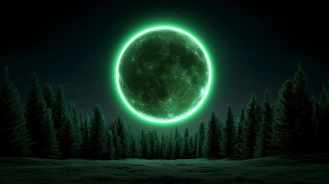 A mystical forest illuminated by a glowing green moon creating an enchanting and serene night atmosphere. A magical woodland bathed in ethereal luminescence a captivating scene
