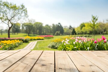 Obraz premium Wooden Deck Opening to Vibrant Garden Path and Blooming Tulip Flowers