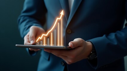 A person holding a tablet displaying an upward trending chart in front of a dark background