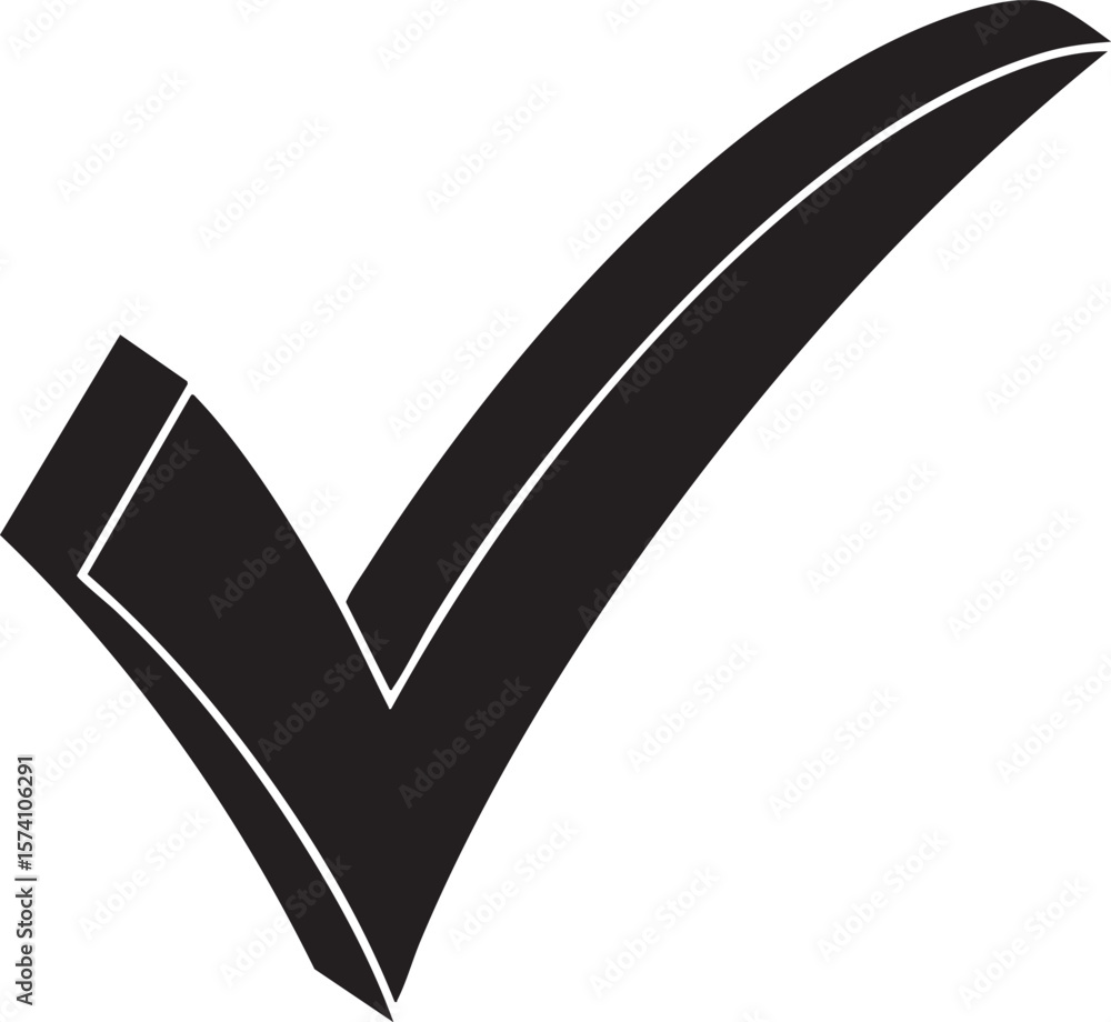 Poster bold black check mark symbol with a subtle white outline isolated on transparent background