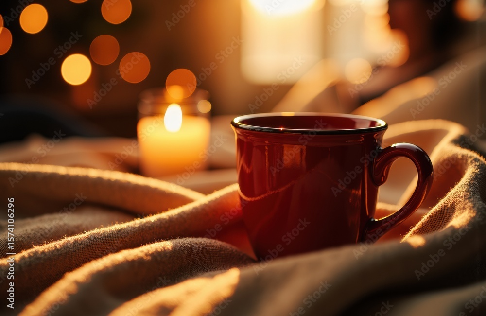 Poster red mug resting on a cozy blanket with warm candlelight and blurred background creating a relaxing a