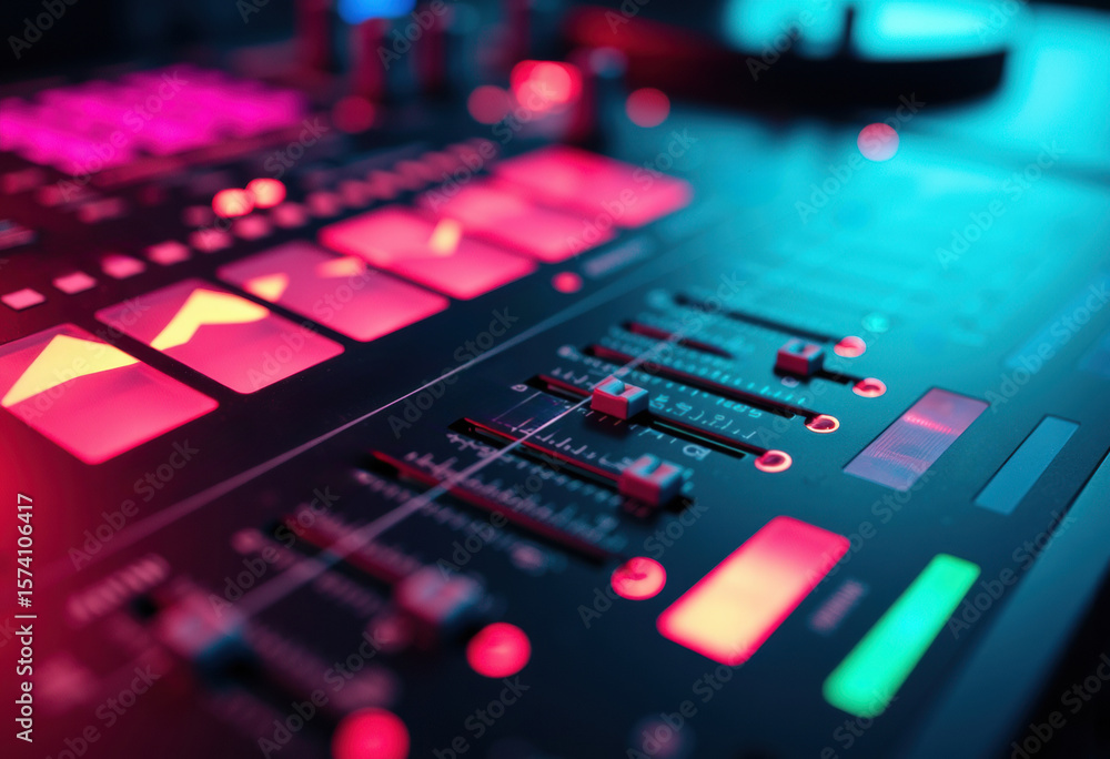Aufkleber close-up of a digital audio mixer with colorful illuminated controls and sliders