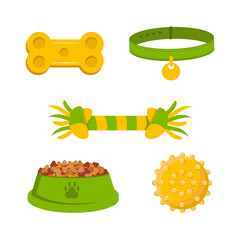 Set of dog toys based on cartoons. Pet products, play accessories for puppies. Rope with knots, ball, collar