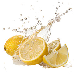 Lemons and Water Splash A Vibrant Citrus Burst isolated on transparent baackground