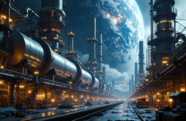 Industrial factory with large pipes and machinery in space setting showing Earth in the background