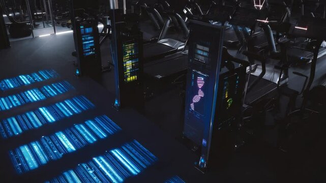 Futuristic Gym with DNA Analysis Panels and Adaptive Technology, Merging Biometric Data with Neon-Lit Fitness Environment - Powered by Adobe