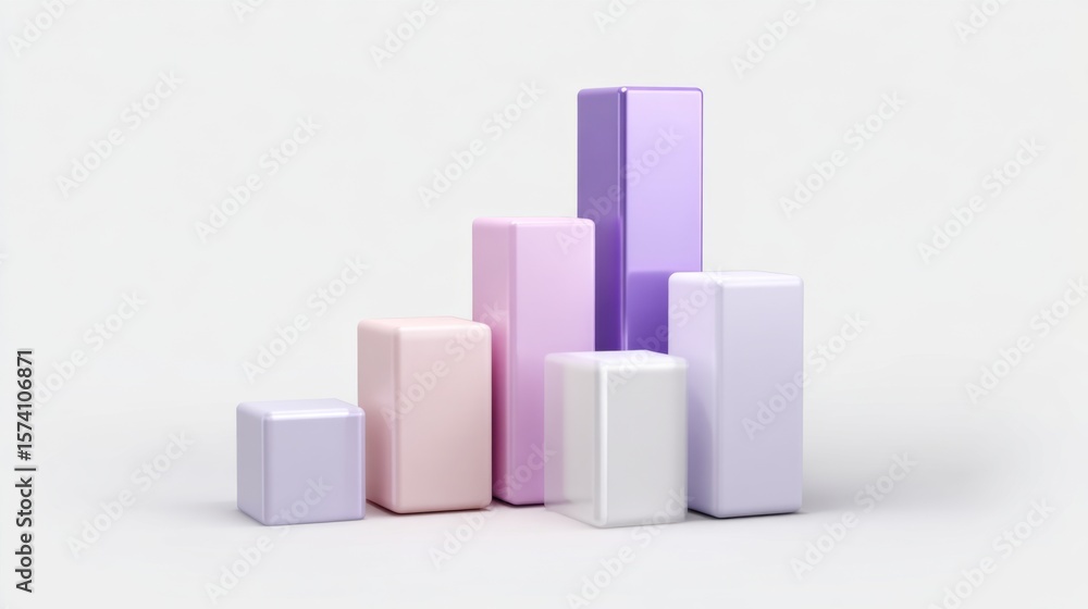 Poster minimalistic bar chart with three-dimensional bars in various heights, set against a clean white bac