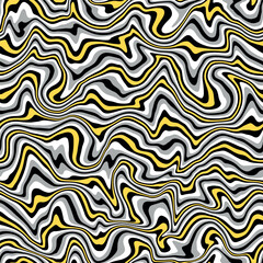 Vector seamless pattern featuring bold, wavy monochrome stripes with abstract distortion. Creative decorative background in black, white, Illuminating yellow, and grey. Ideal for contemporary design.