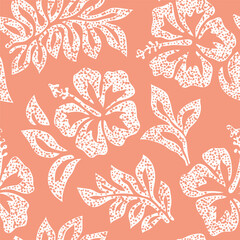 Seamless pattern featuring textured hibiscus flowers and leaves in a bold monochrome style. A simple yet expressive Hawaiian-inspired print with a natural graphic feel. Ideal for textiles, packaging.