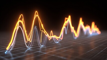 Line graph with peaks and troughs, showing fluctuating data, on a dark grid with glowing neon lines for a tech-inspired look.