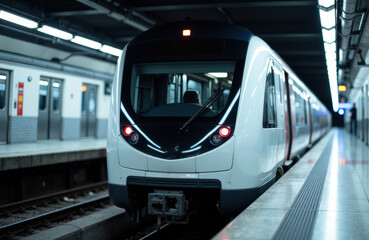 Fototapeta premium Modern train arriving at underground station platform with bright lighting and sleek design
