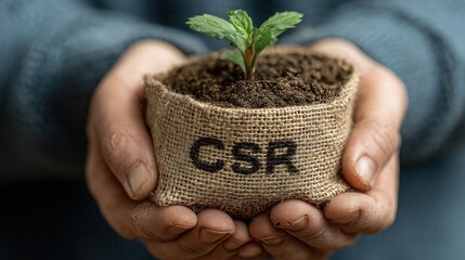 Farmer holding small jute bag with the acronym csr and growing plant, representing corporate social responsibility