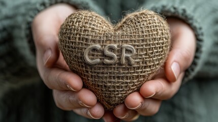 Female hands holding a heart-shaped burlap object with csr lettering, symbolizing corporate social responsibility and ethical business practices