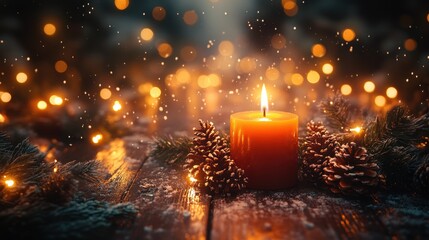 Candle that is lit on a table christmas background copy space