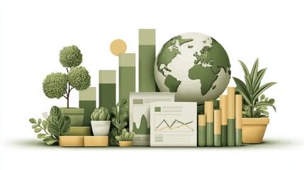 Environmental, social, and governance (esg) report showing positive growth with green planet earth, plants, and increasing bar graph