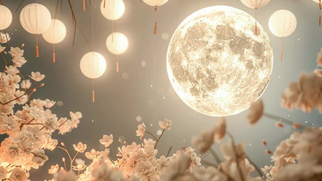 A full moon with paper lanterns hanging from its sides, great for decoration or as a symbol of creativity