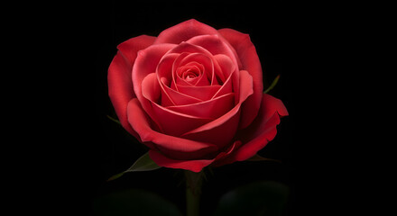 A vibrant red rose blooms against a stark, black background, showcasing its delicate petals.