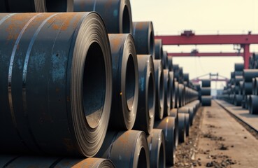 Steel coils stacked in an industrial warehouse, ready for manufacturing or shipping processes