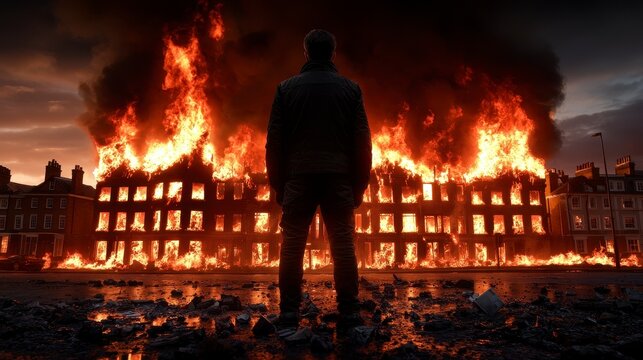 A fiery apocalypse scene with buildings engulfed in flames depicting a dramatic and intense landscape of destruction and chaos. high quality. Inferno devastation a vivid portrayal of urban