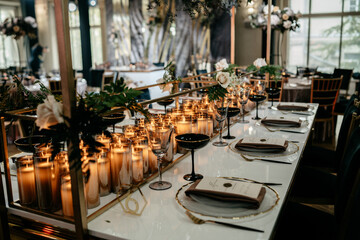 Elegant candlelit dinner setting with floral arrangements and luxurious details