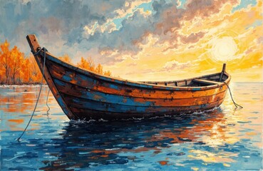 A boat floats peacefully on calm water during a vibrant sunset scene