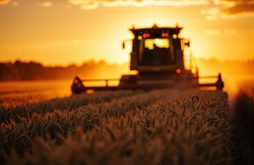 Fototapeta premium Harvester working in a wheat field during sunset with warm orange glow illuminating the scene