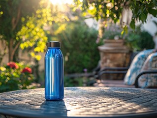 Blue Water Bottle on Table