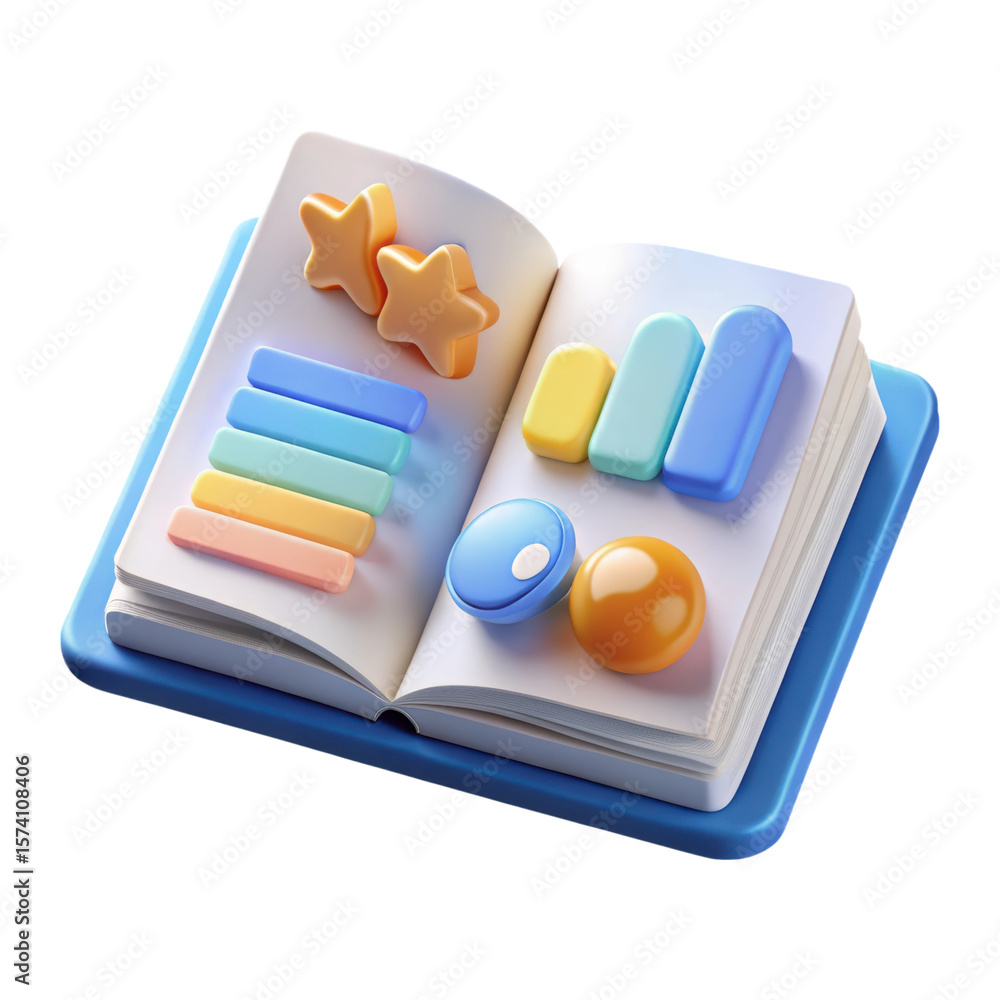 Poster 3d rendering icon of open book with colorful educational elements land transportation isolated on wh
