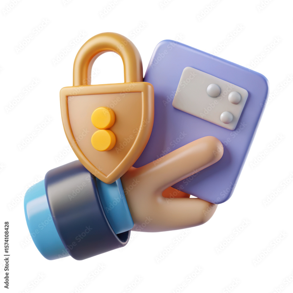 Poster 3d rendering icon of padlock shield over phone in hand for secure mobile banking land transportation