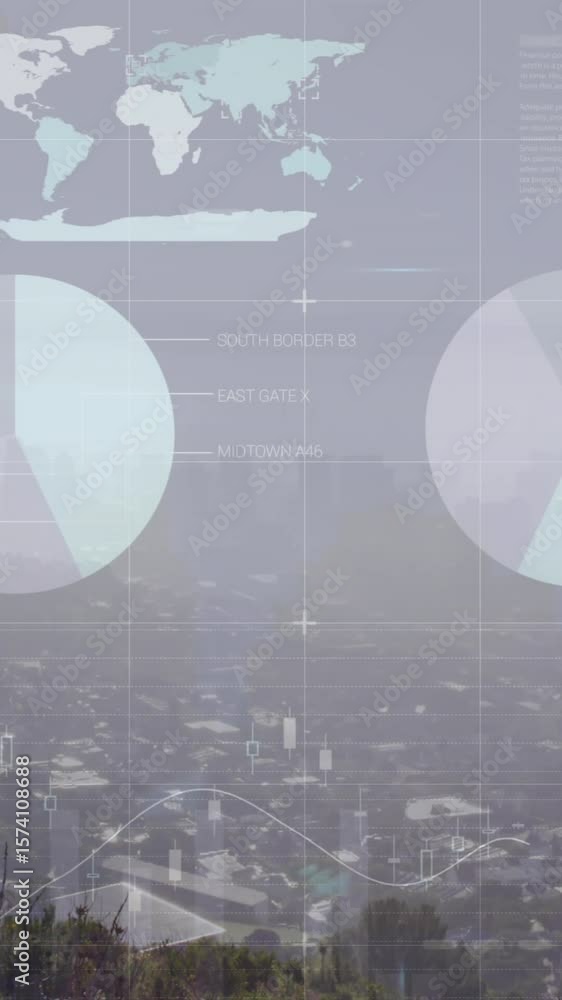 Poster animation of statistical data processing against aerial view of cityscape