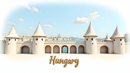 Fototapeta premium 3d illustration of Fisherman's Bastion with its towers and arches, and the word 'Hungary' beneath. Fairytale-like architectural landmark.