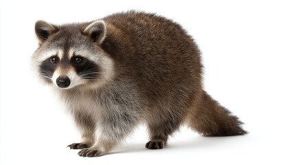 A curious raccoon stands on a white background. This delightful animal is captured mid-step. Its fur is textured and rich. The raccoon's expression is intriguing and friendly. AI