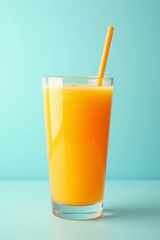 Vaso de zumo de naranja sobre fondo azul