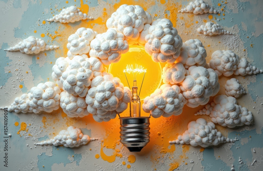 Poster a creative lightbulb surrounded by fluffy clouds and vibrant orange splashes creating a dynamic atmo
