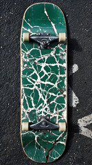 Cracked skateboard deck, asphalt background, outdoor shot, ideal for sports or lifestyle blogs