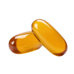 Two shiny orange softgel capsules on white isolated on transparent background