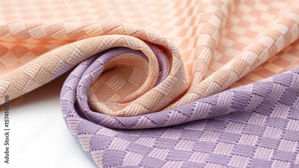 Poster close up shot of a folded fabric with a checkered pattern in shades of peach and lavender color