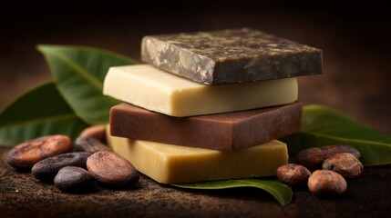 Stack of chocolate bars with varying cocoa percentages, arranged with cocoa beans and leaves, rustic, artisanal feel.