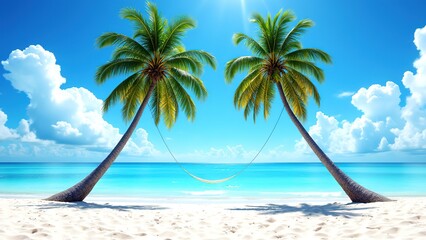 Fototapeta premium Tropical Beach with Hammock Between Palm Trees Under Blue Sky