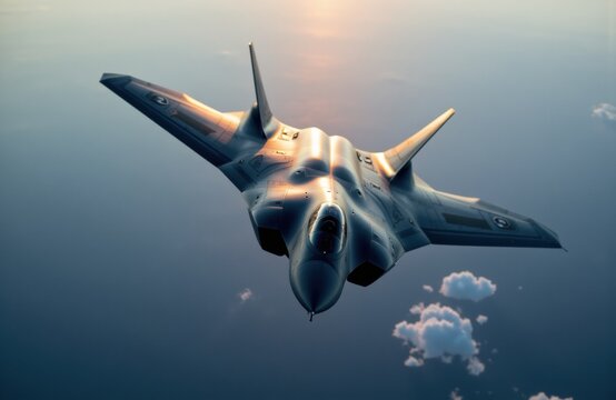 Fighter jet flying at high altitude during sunset with clouds in background