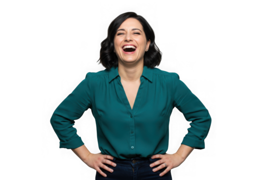 Woman laughs with hands on her waist line on transparent background