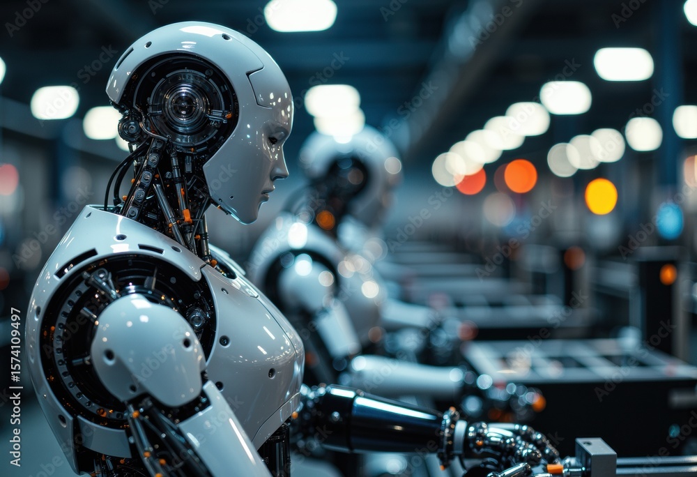 Poster advanced humanoid robot operating machinery in a high-tech industrial environment