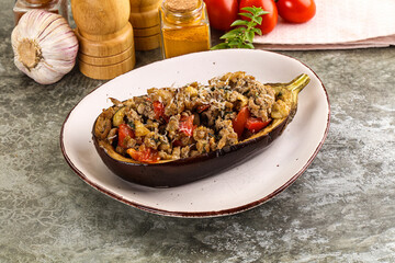 Baked eggplant stuffed meat and tomato