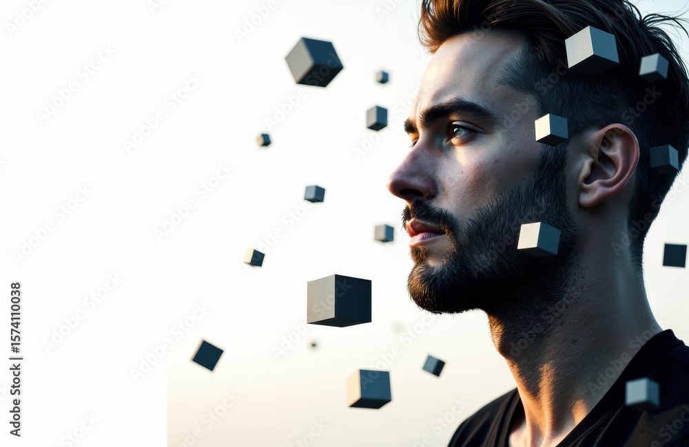 Poster a man with a beard gazes thoughtfully into the distance with floating black and white cubes around h