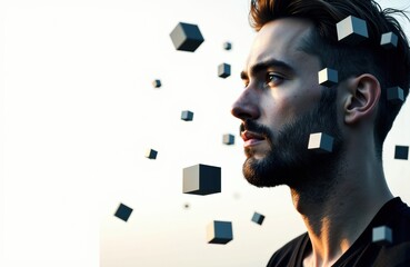 A man with a beard gazes thoughtfully into the distance with floating black and white cubes around him