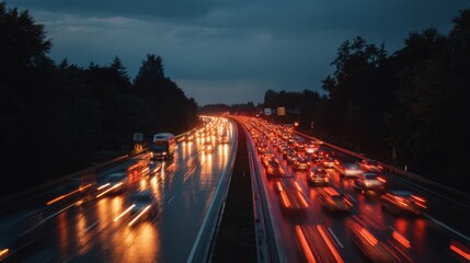 Obraz premium Vehicles in gridlock on a multi-lane highway at dusk, with streaks of red and white lights reflecting in the darkness.