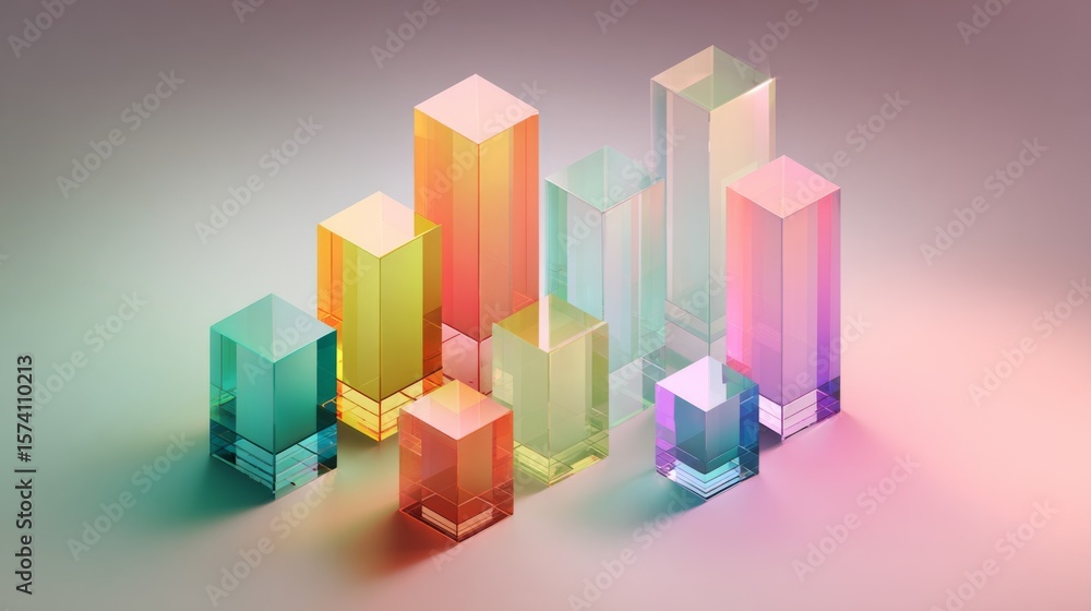 Poster vibrant d bar chart with transparent elements layered on top of each other, set against a soft gradi