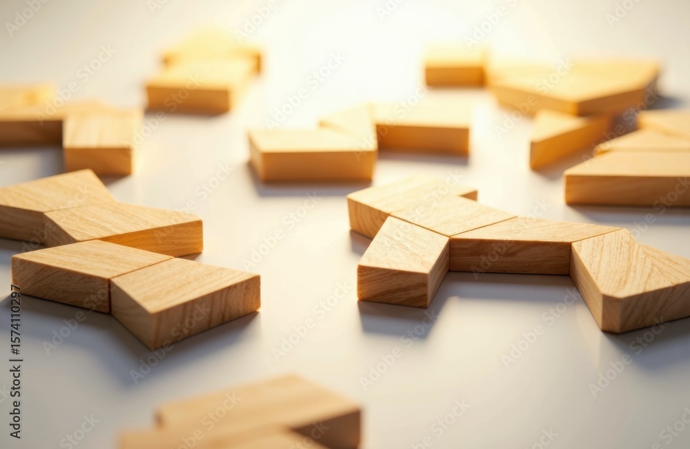 Poster wooden puzzle pieces scattered on a white surface creating an abstract pattern