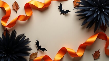 Halloween themed flat lay with orange ribbon, black bats, dark flowers, and autumn leaves scattered